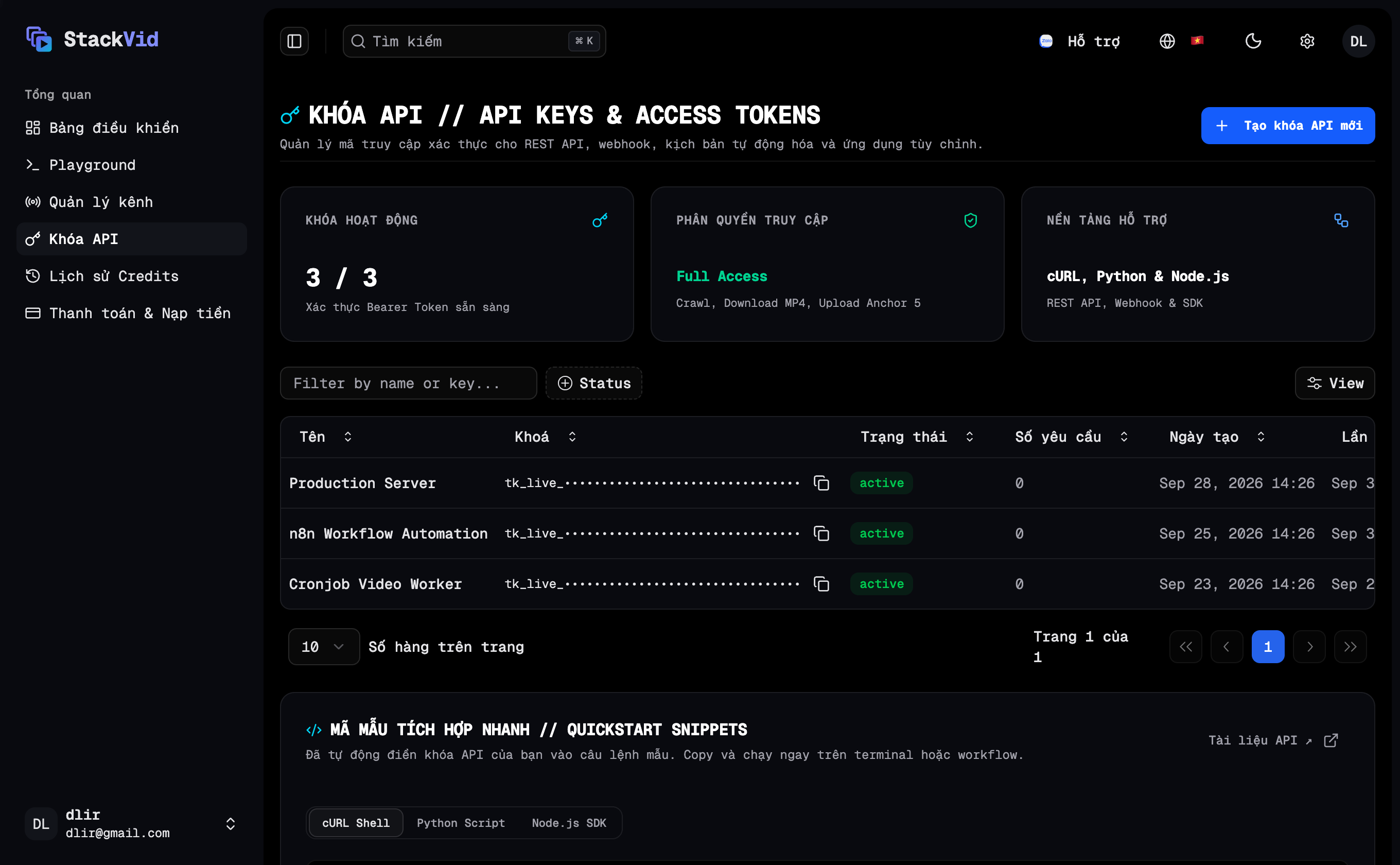 Quản lý Khóa API trên Dashboard