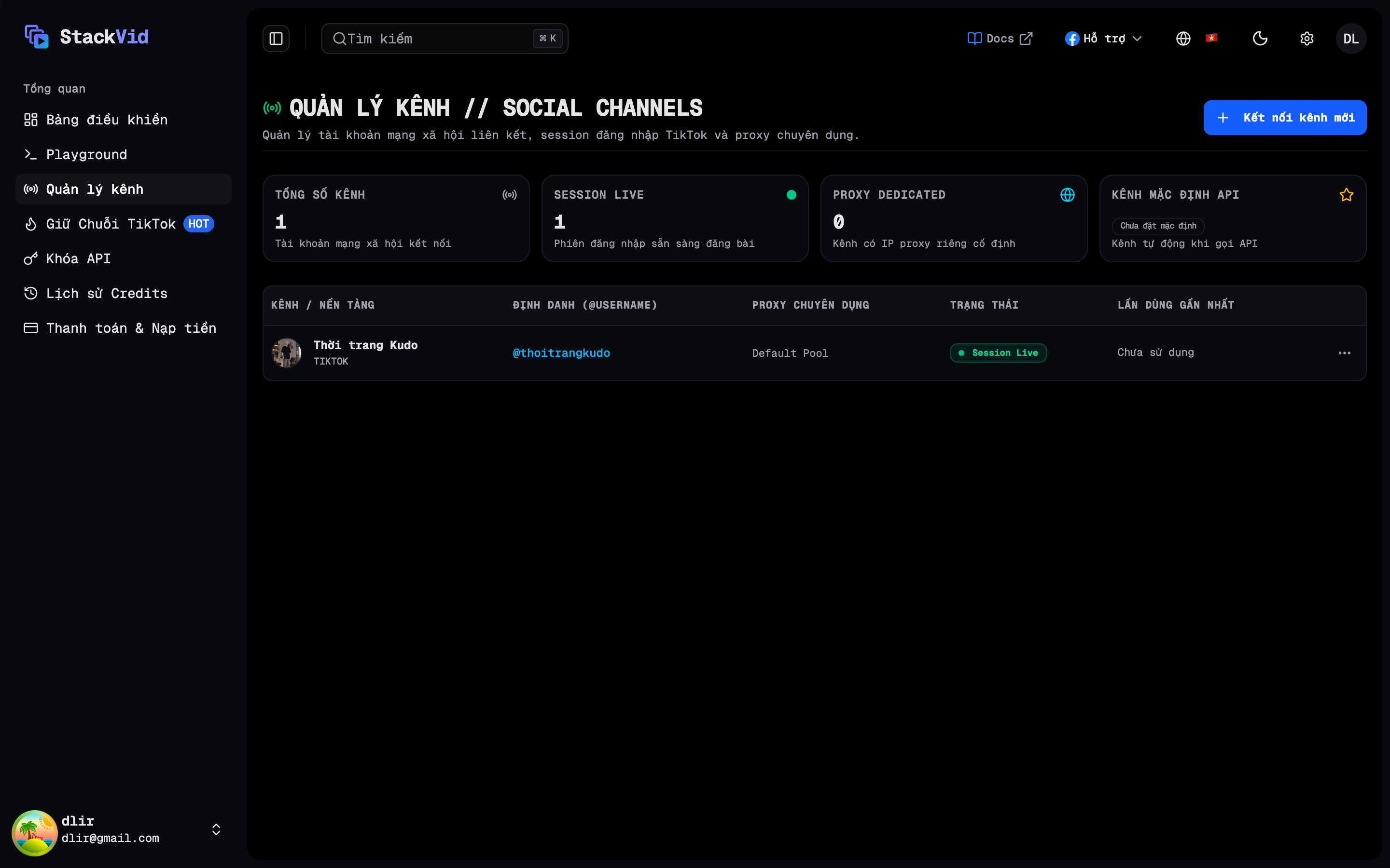 Quản lý Kênh và Kênh Mặc Định trên Dashboard